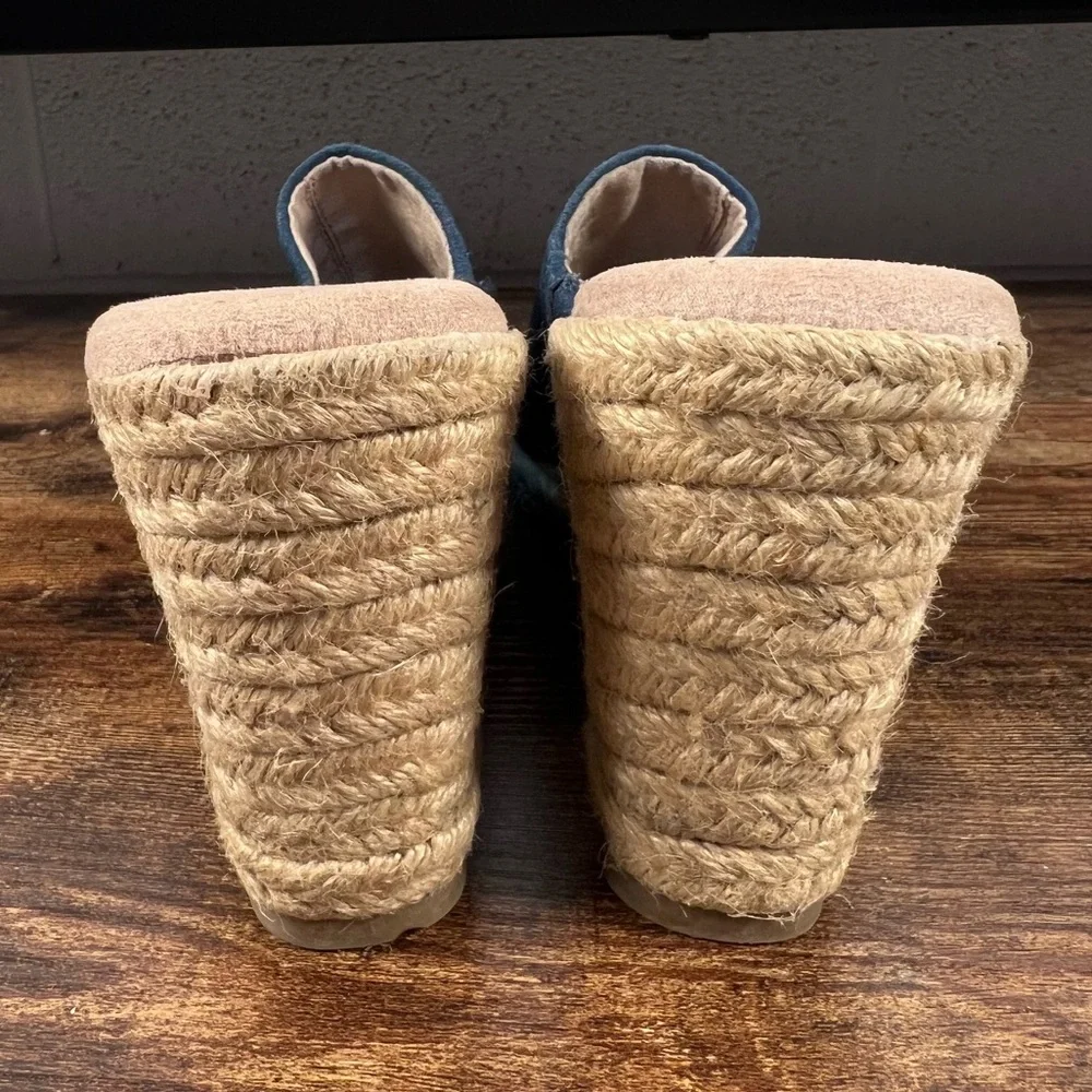 Sonoma Espadrille Wedge Leather Slide Sandals Blue Peep Toe Casual Women's 7.5